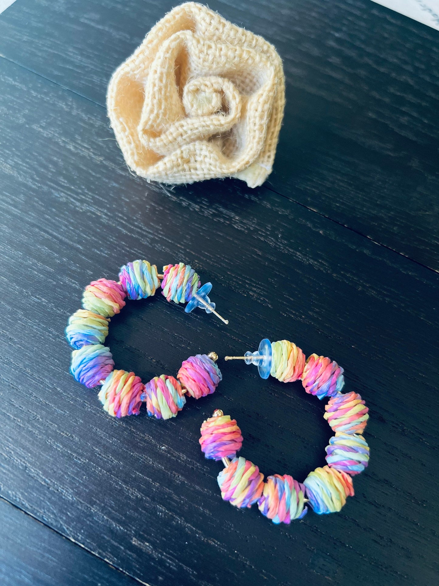 Rainbow hoop earrings Statement rafia earrings Fall fashion 2025s Wearable art Fall fashion Art to wear Big bold hoops Statement earrings