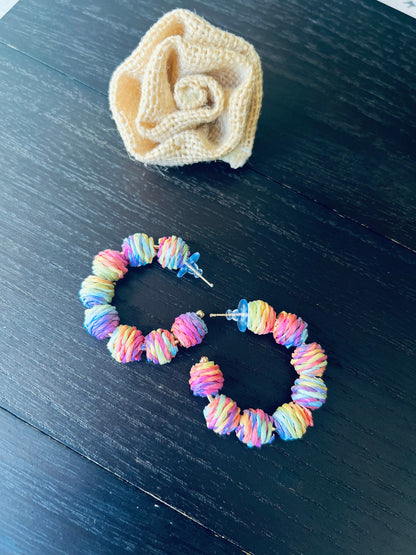 Rainbow hoop earrings Statement rafia earrings Fall fashion 2025s Wearable art Fall fashion Art to wear Big bold hoops Statement earrings
