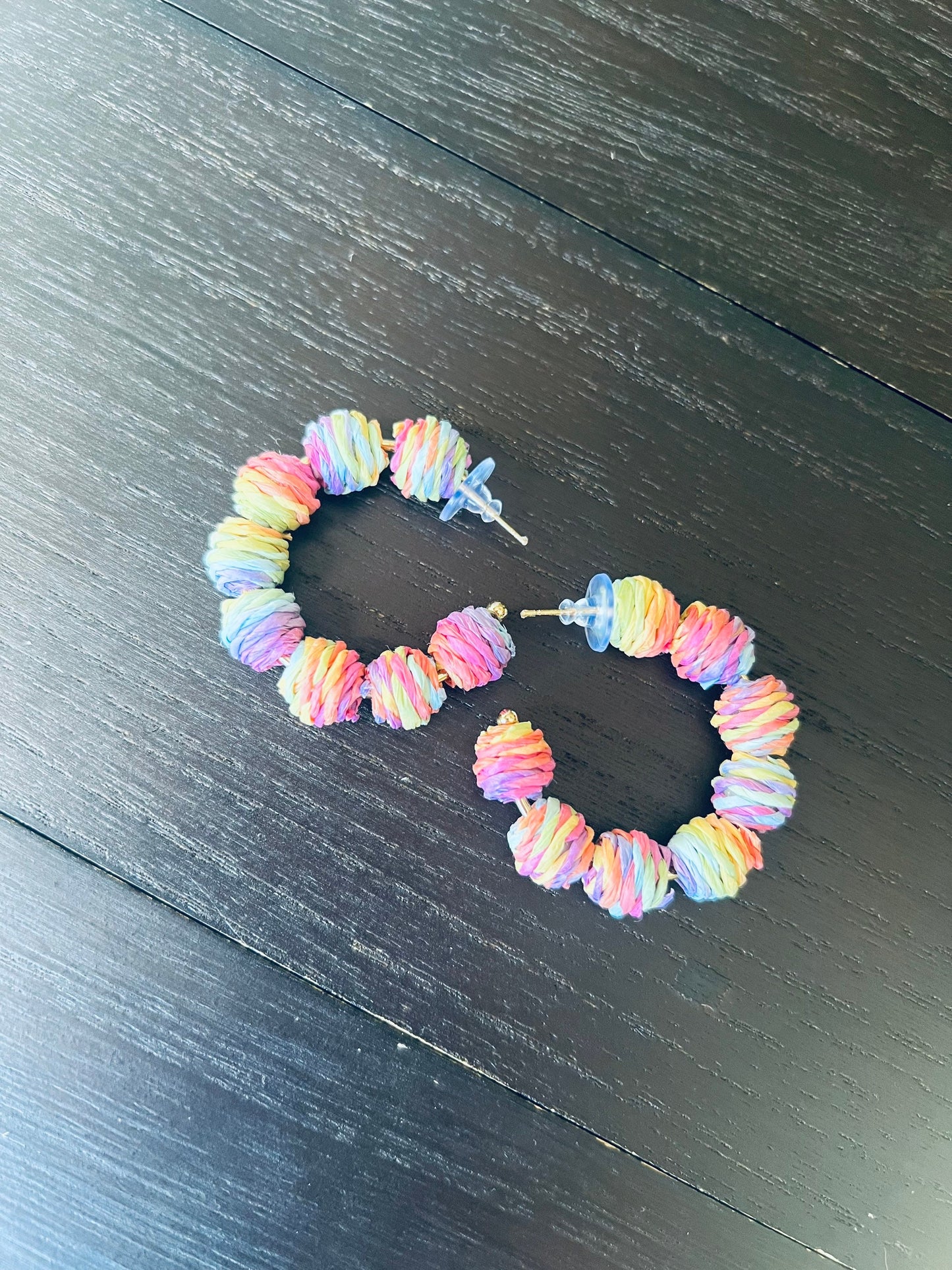 Rainbow hoop earrings Statement rafia earrings Fall fashion 2025s Wearable art Fall fashion Art to wear Big bold hoops Statement earrings