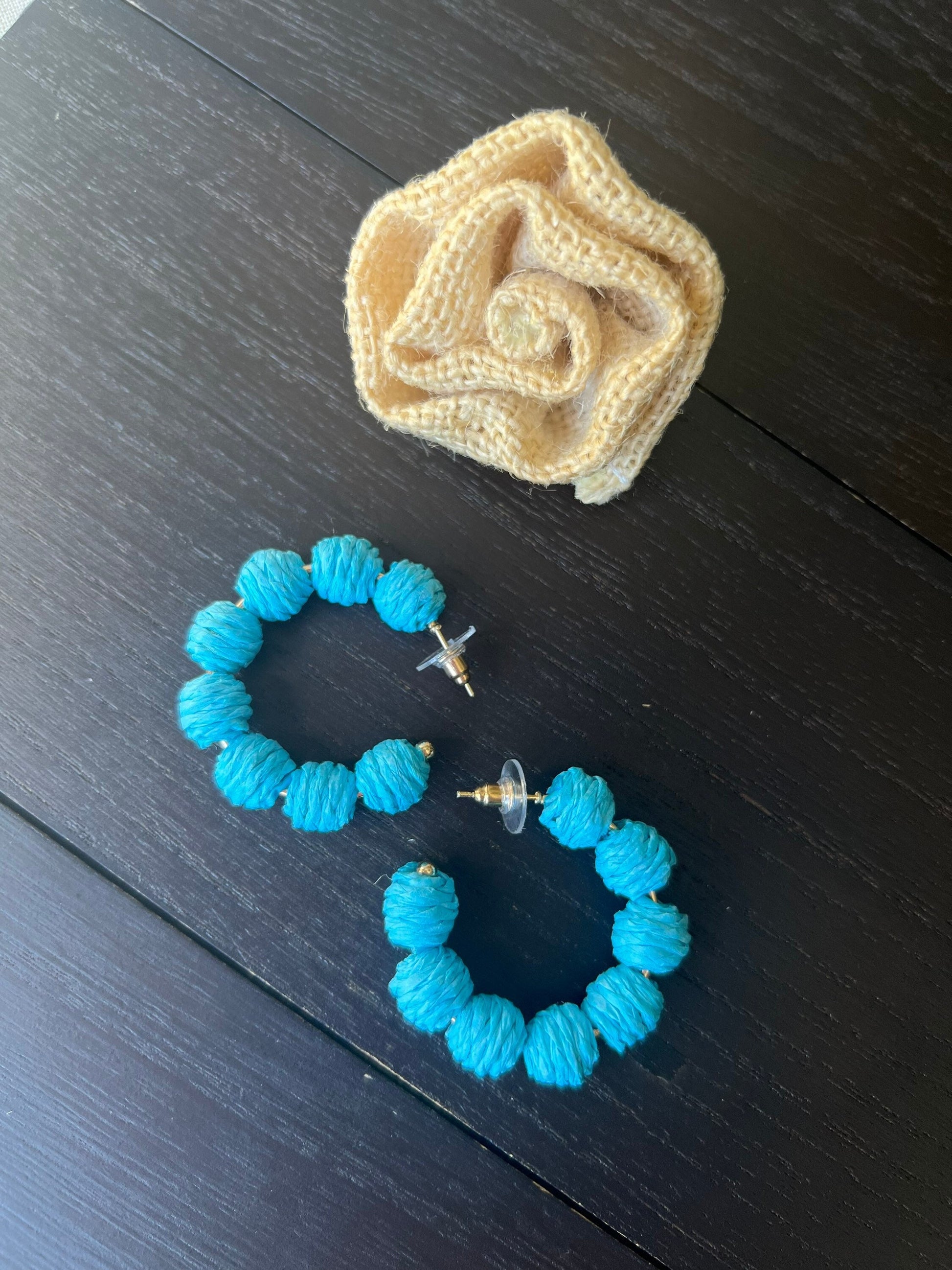 Turquoise blue hoop earrings Statement rafia earrings Fall fashion 2025s Everyday earrings Handmade big earrings Fall fashion 2025