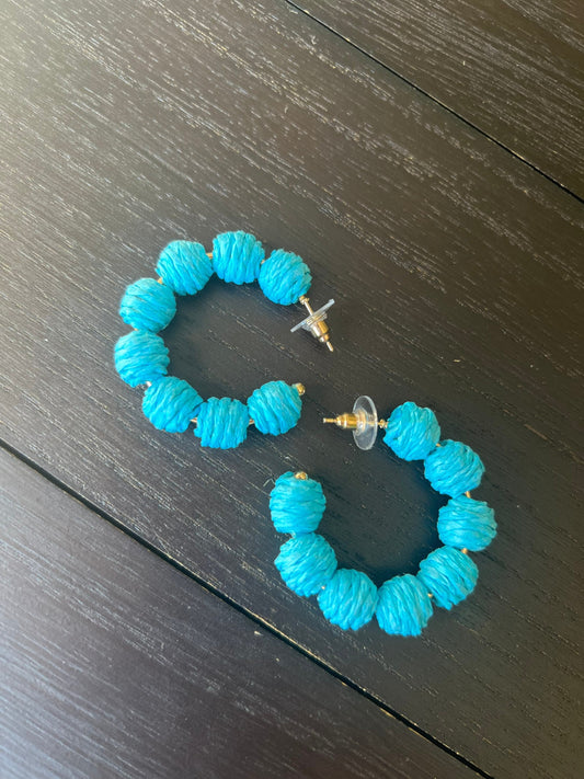 Turquoise blue hoop earrings Statement rafia earrings Fall fashion 2025s Everyday earrings Handmade big earrings Fall fashion 2025