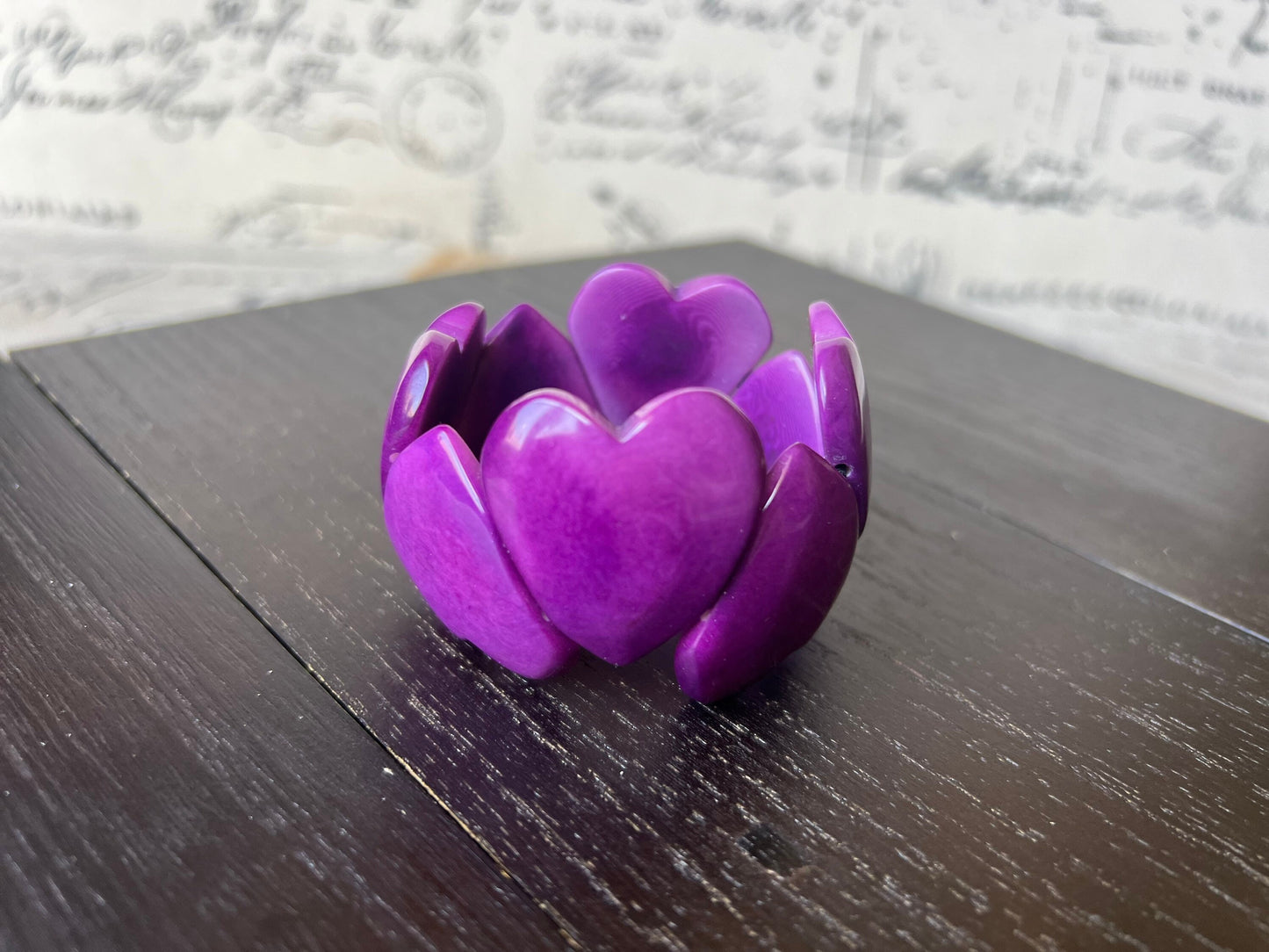 Purple heart shaped bracelet Tagua jewelry Love bangle Wearable art Elastic statement cuff