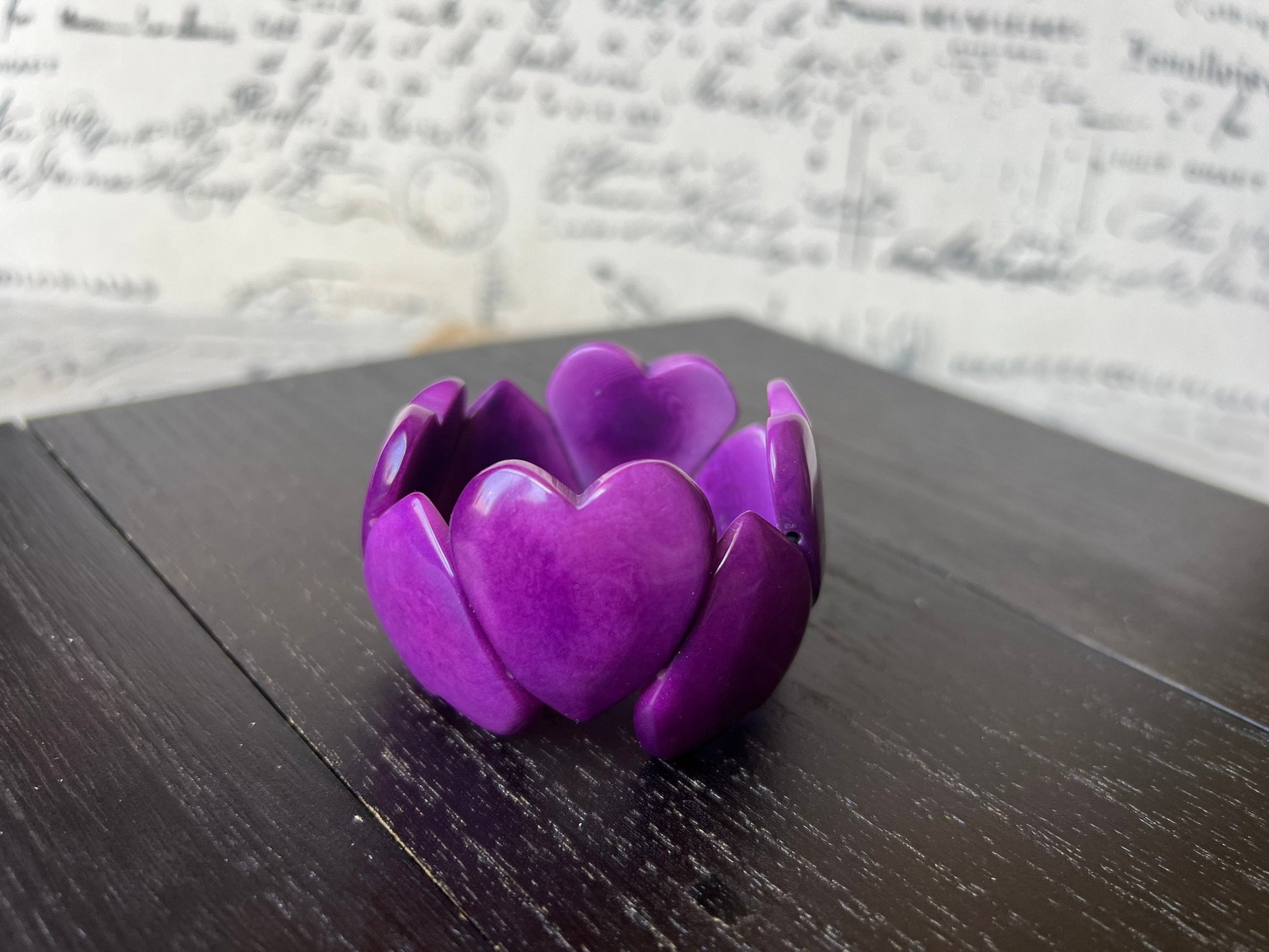 Purple heart shaped bracelet Tagua jewelry Love bangle Wearable art Elastic statement cuff