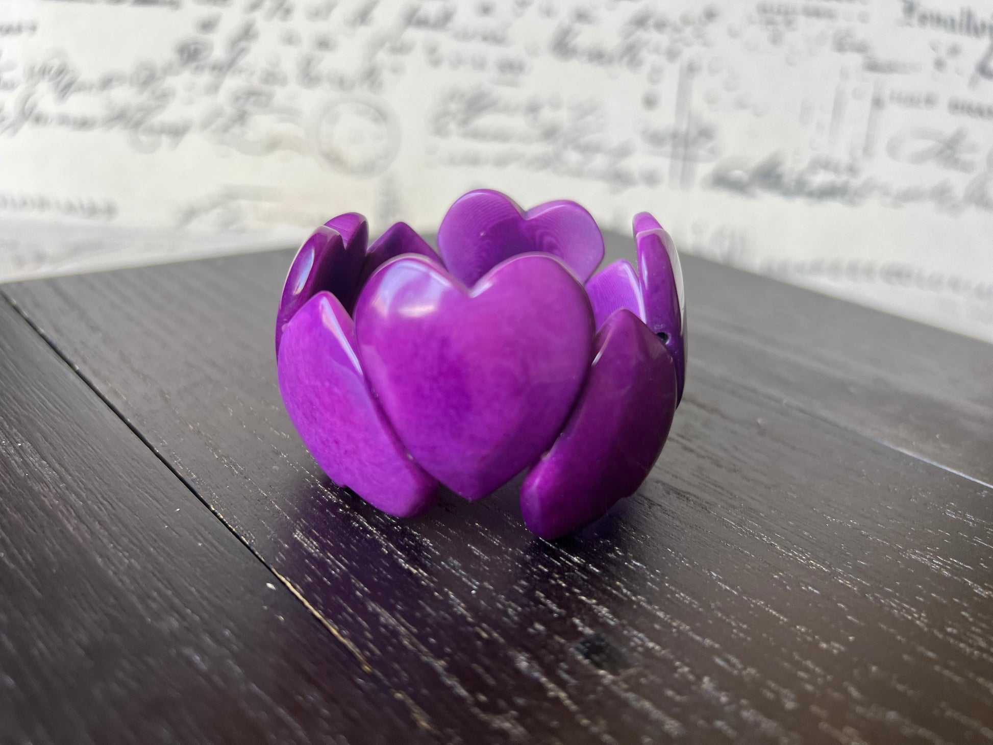 Purple heart shaped bracelet Tagua jewelry Love bangle Wearable art Elastic statement cuff
