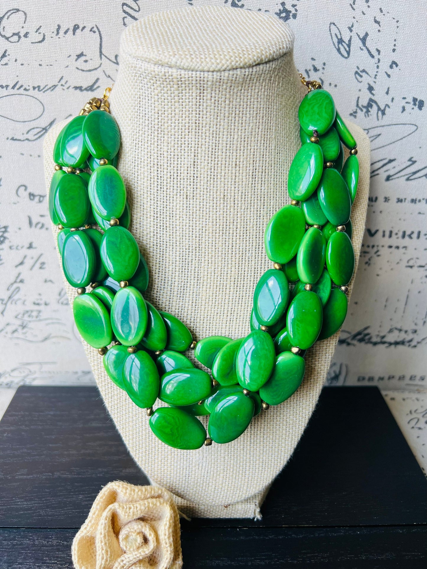 Green beaded necklace Tagua necklace Statement necklace for women chunky Wearable art Multi layer necklace Fall fashion 2025s Big bold bib