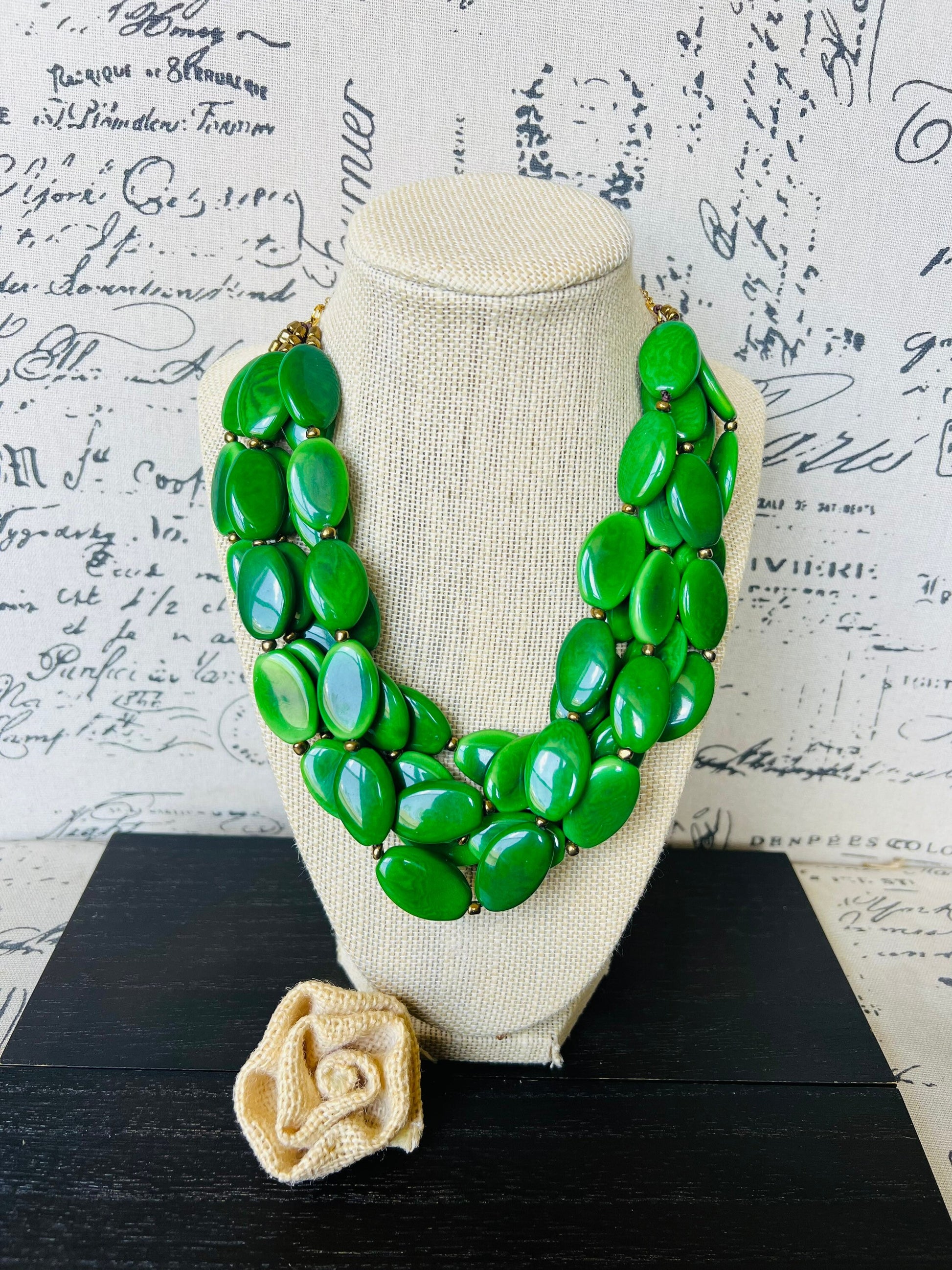 Green beaded necklace Tagua necklace Statement necklace for women chunky Wearable art Multi layer necklace Fall fashion 2025s Big bold bib