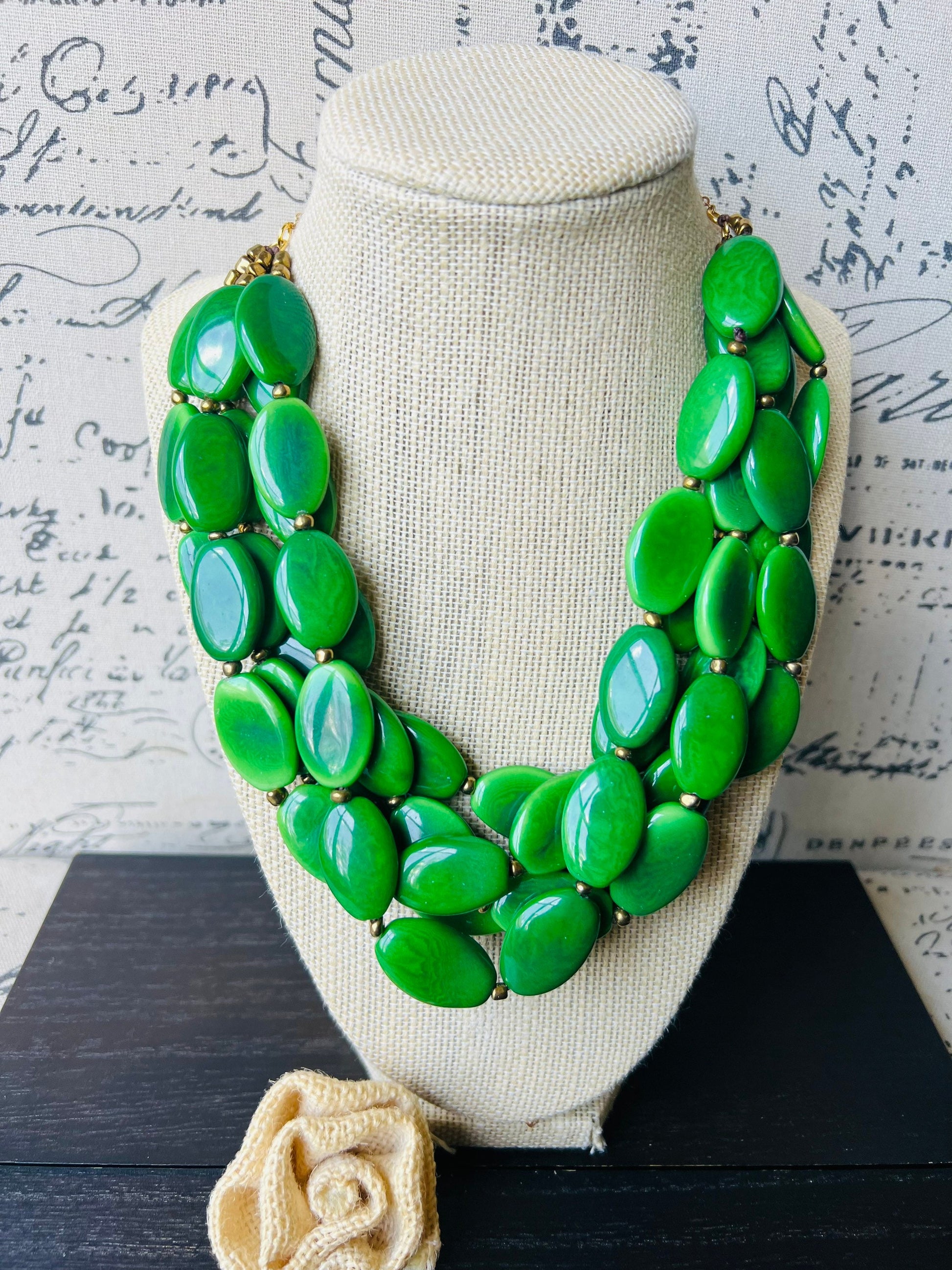 Green beaded necklace Tagua necklace Statement necklace for women chunky Wearable art Multi layer necklace Fall fashion 2025s Big bold bib