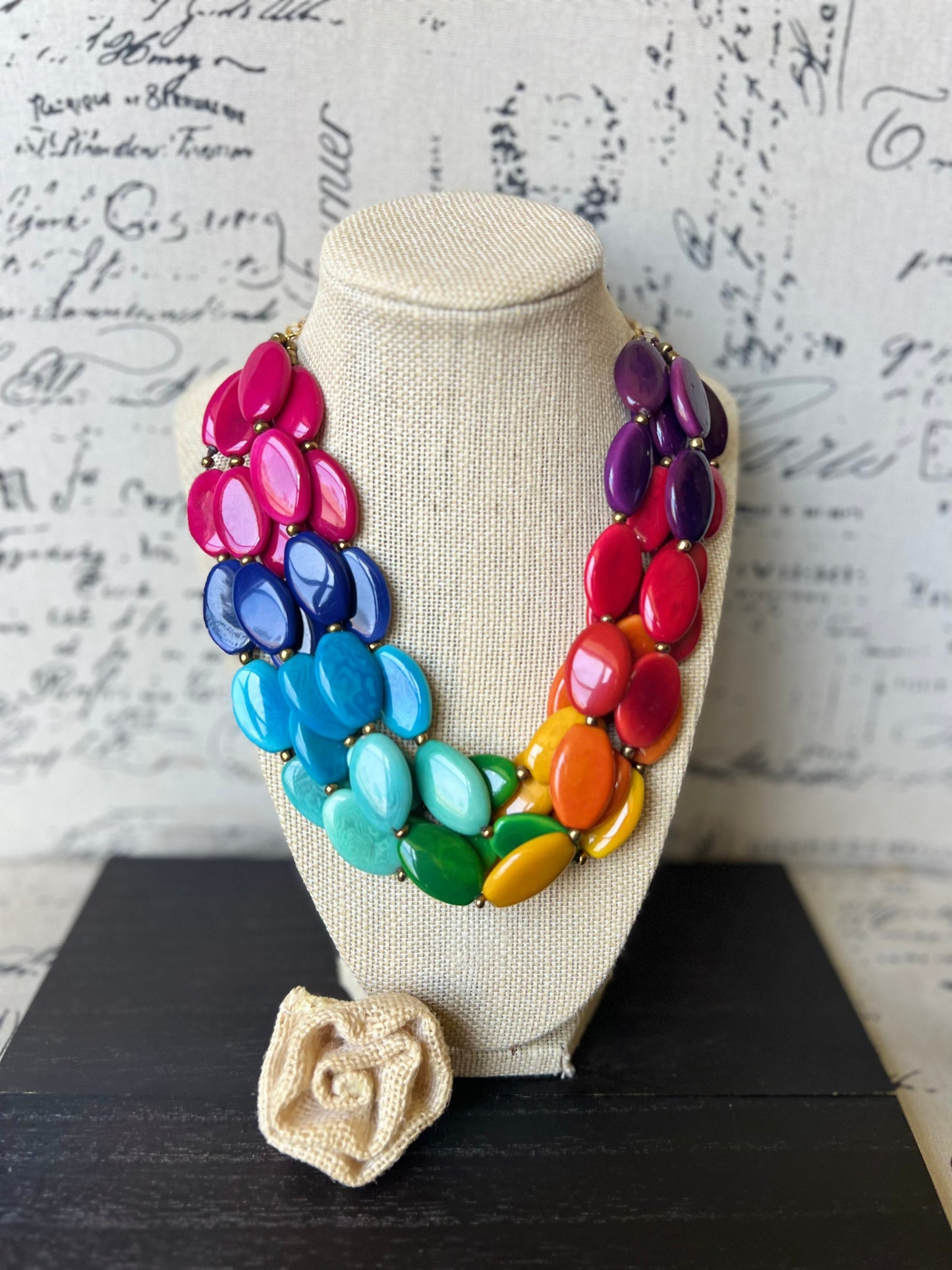 Rainbow fashion multi strand necklace Big Bold Chunky necklace Tagua nut necklace Fall fashion Lightweight with gold chain Art to wear