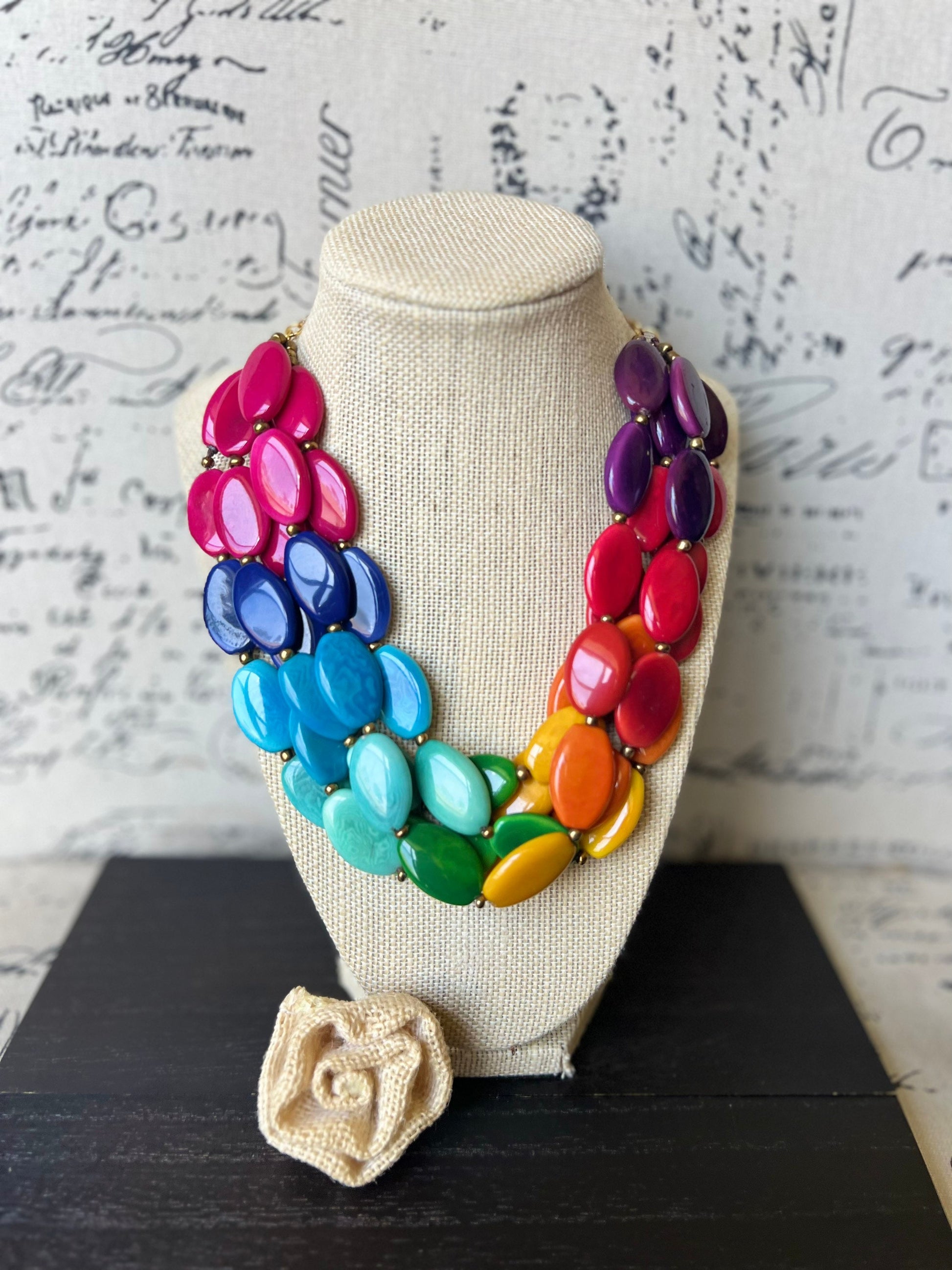 Rainbow fashion multi strand necklace Big Bold Chunky necklace Tagua nut necklace Fall fashion Lightweight with gold chain Art to wear