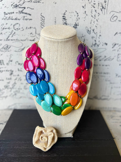 Rainbow fashion multi strand necklace Big Bold Chunky necklace Tagua nut necklace Fall fashion Lightweight with gold chain Art to wear
