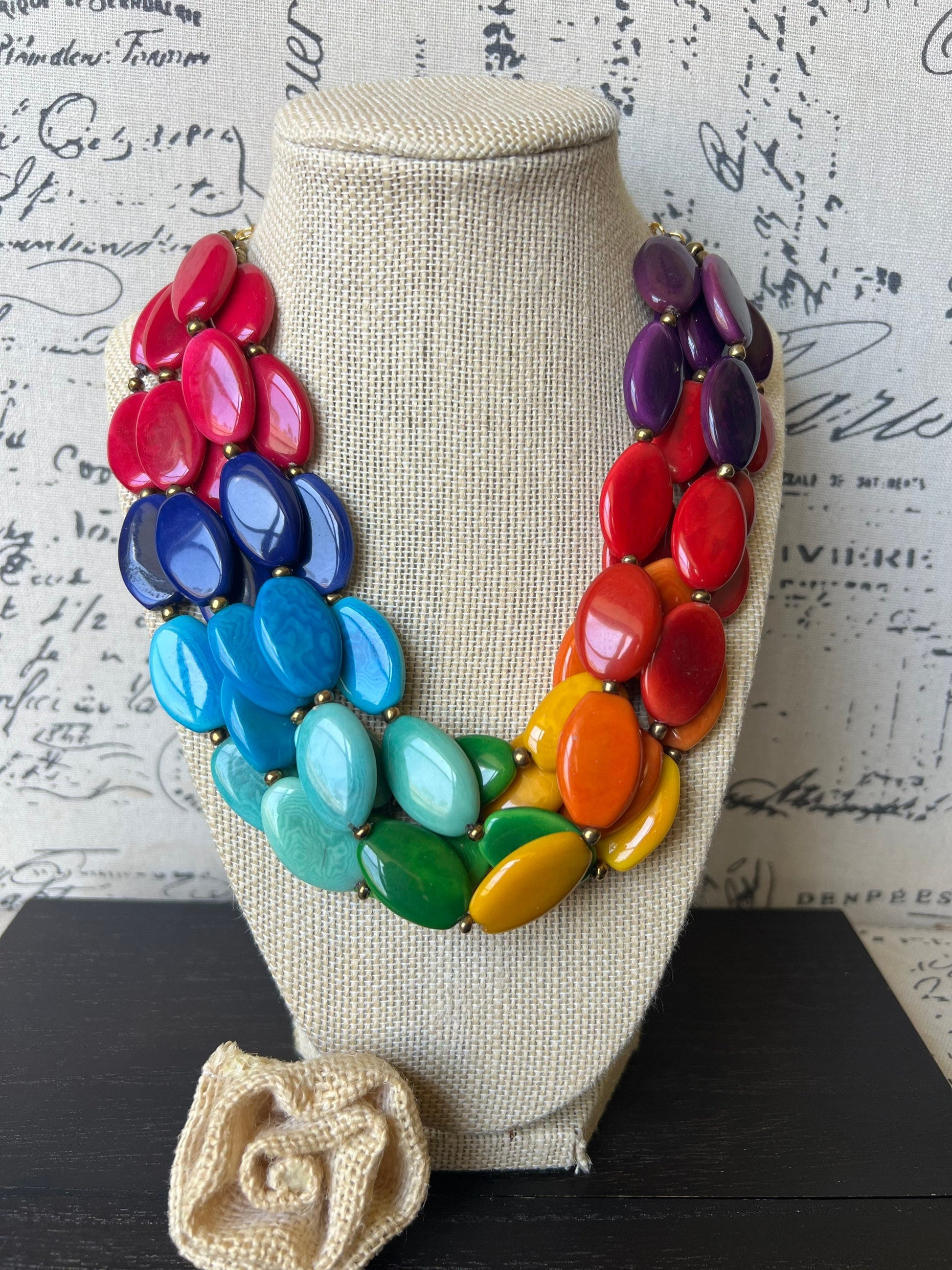 Rainbow fashion multi strand necklace Big Bold Chunky necklace Tagua nut necklace Fall fashion Lightweight with gold chain Art to wear