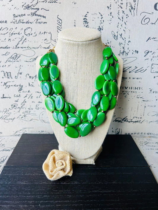 Green beaded necklace Tagua necklace Statement necklace for women chunky Wearable art Multi layer necklace Fall fashion 2025s Big bold bib