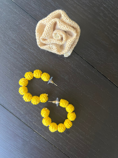 Yellow hoop earrings Statement rafia earrings Anniversary gift for wife Wearable art Fall fashion trends Hypoallergenic hoops Artsy gifts