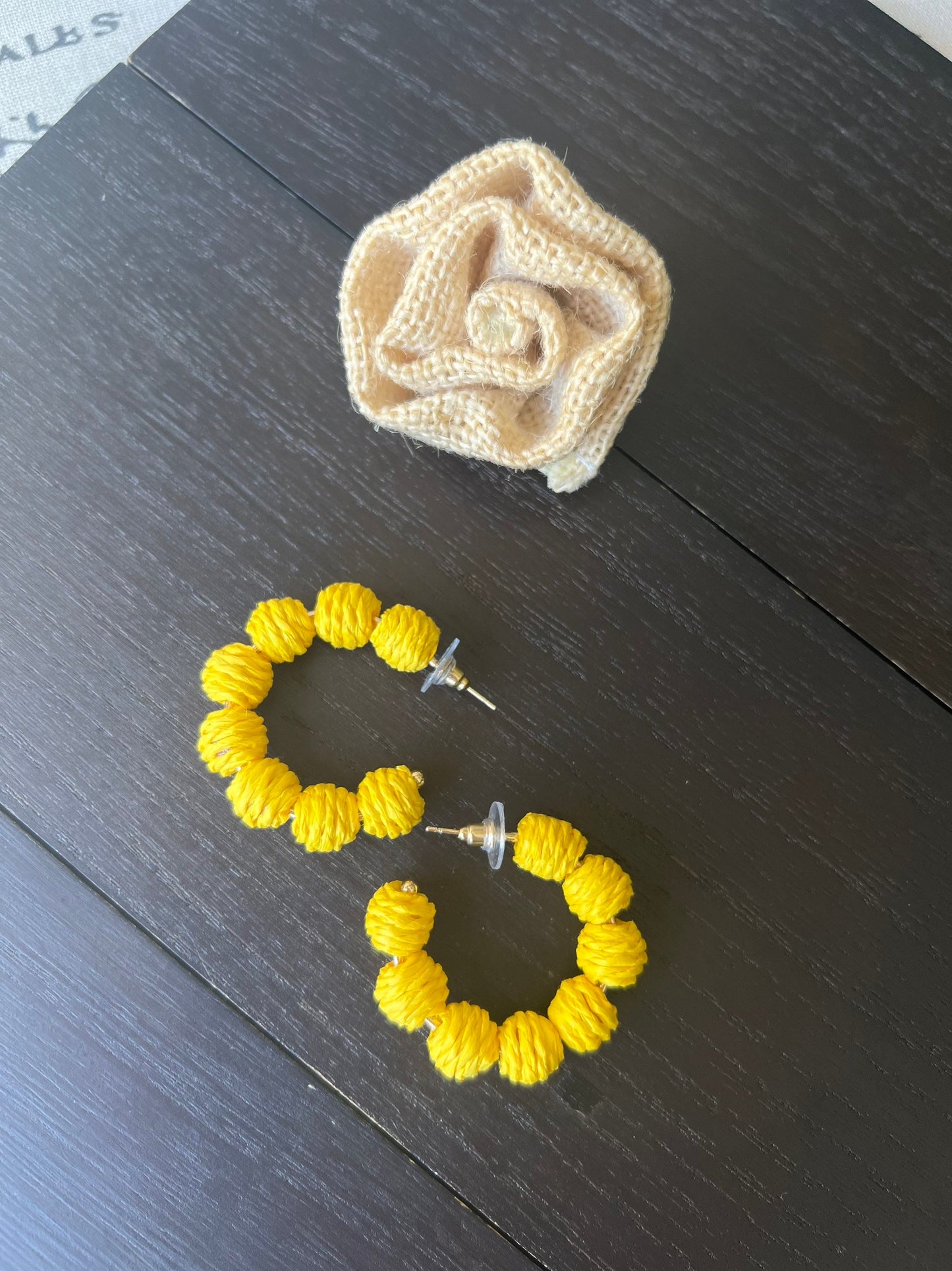 Yellow hoop earrings Statement rafia earrings Anniversary gift for wife Wearable art Fall fashion trends Hypoallergenic hoops Artsy gifts