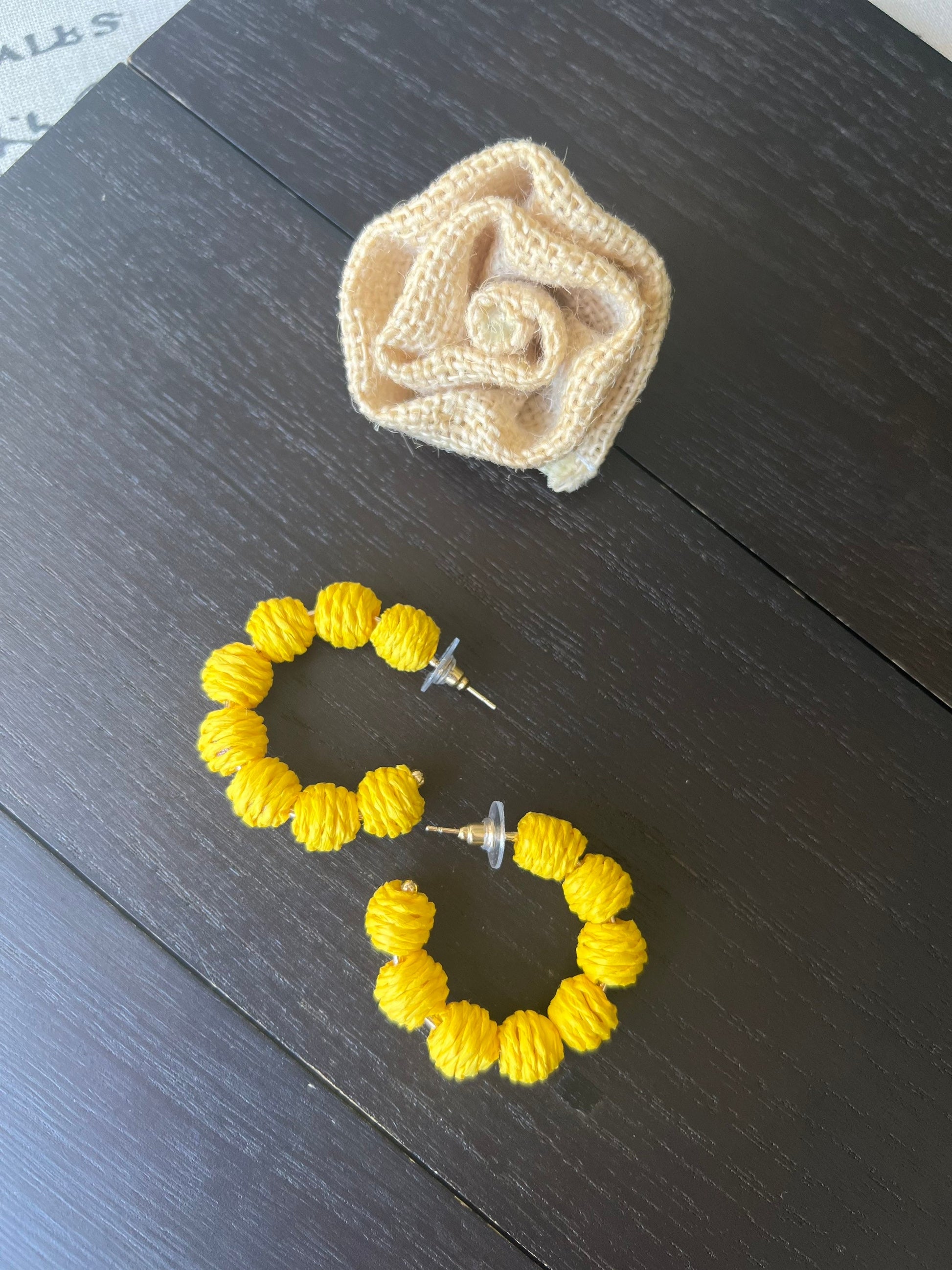 Yellow hoop earrings Statement rafia earrings Anniversary gift for wife Wearable art Fall fashion trends Hypoallergenic hoops Artsy gifts