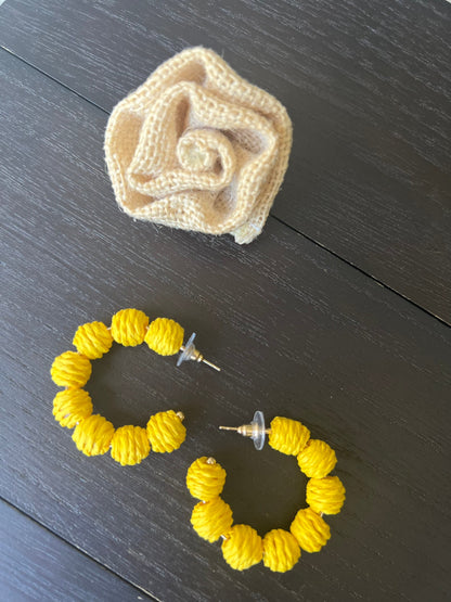 Yellow hoop earrings Statement rafia earrings Anniversary gift for wife Wearable art Fall fashion trends Hypoallergenic hoops Artsy gifts