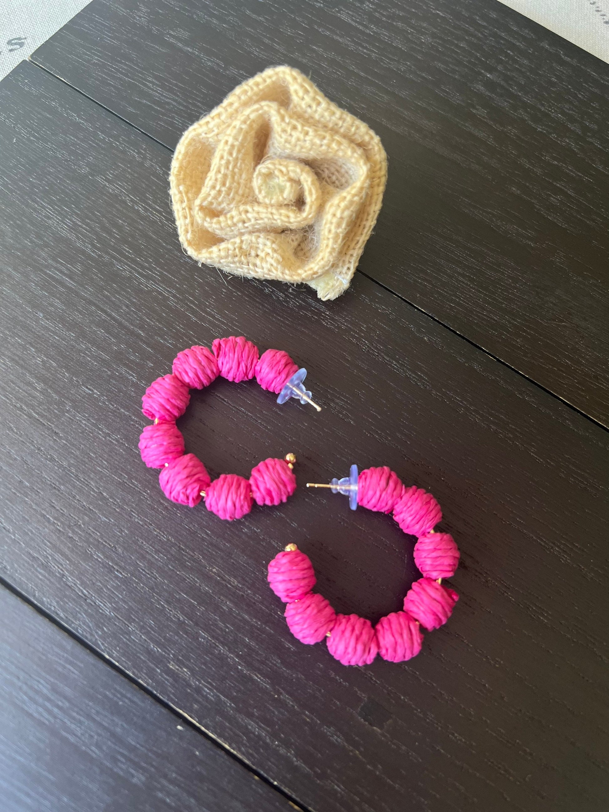 Pink hoop earrings Statement rafia earrings Anniversary gift for wife Artsy gifts Fall fashion Wearable art Cruise wear Beach outfit