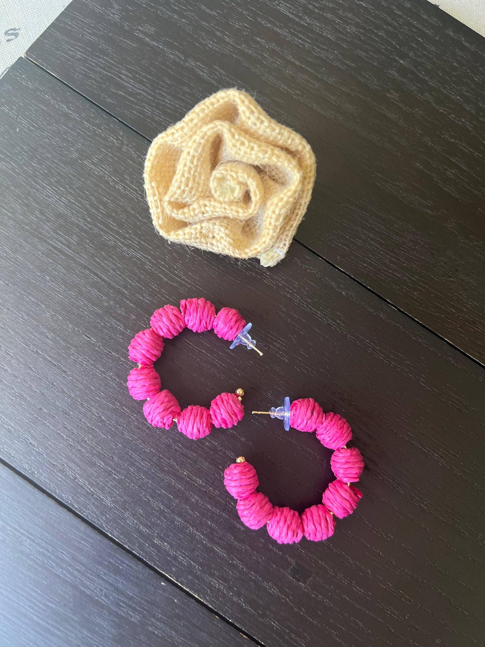 Pink hoop earrings Statement rafia earrings Anniversary gift for wife Artsy gifts Fall fashion Wearable art Cruise wear Beach outfit