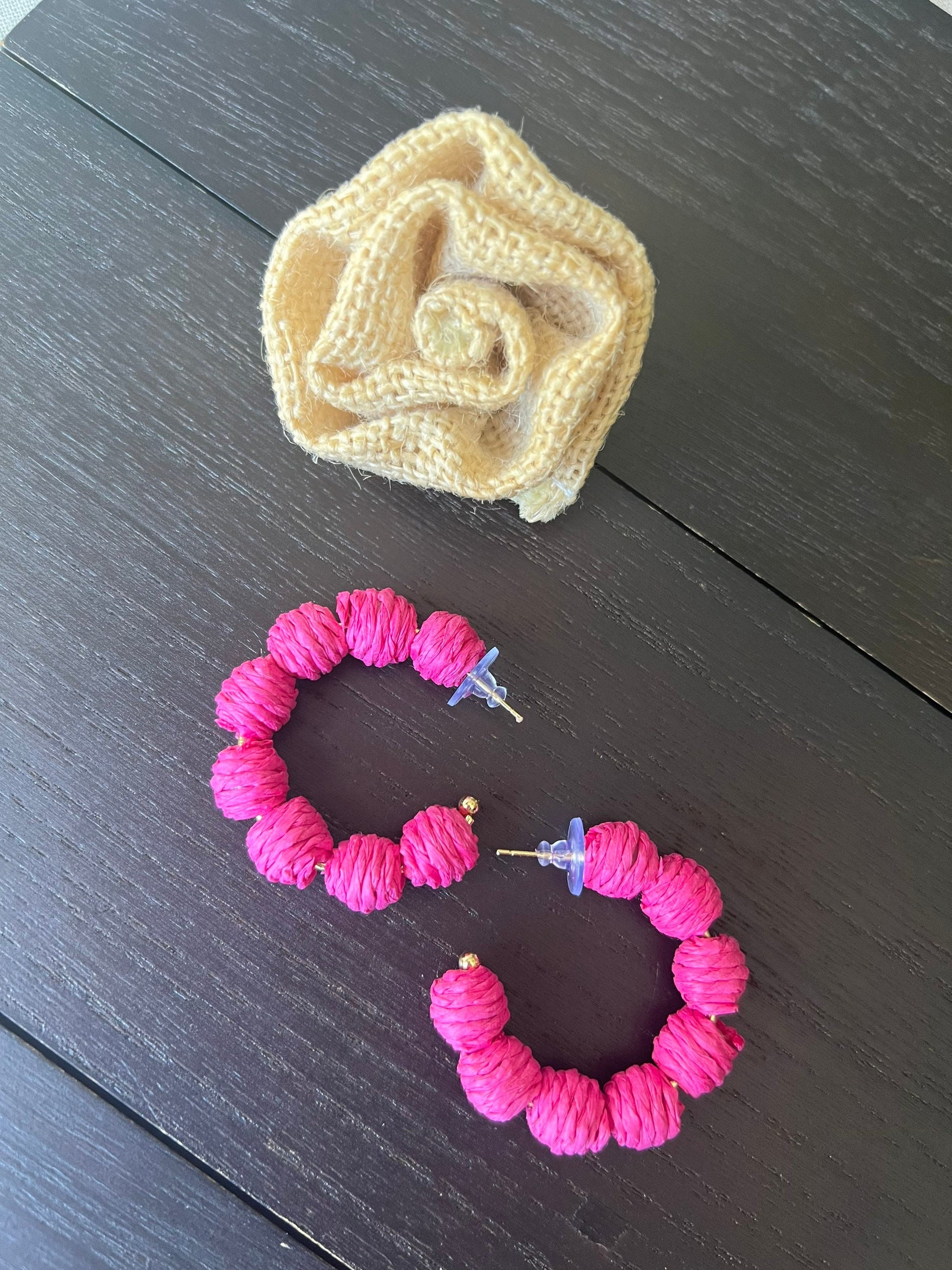 Pink hoop earrings Statement rafia earrings Anniversary gift for wife Artsy gifts Fall fashion Wearable art Cruise wear Beach outfit