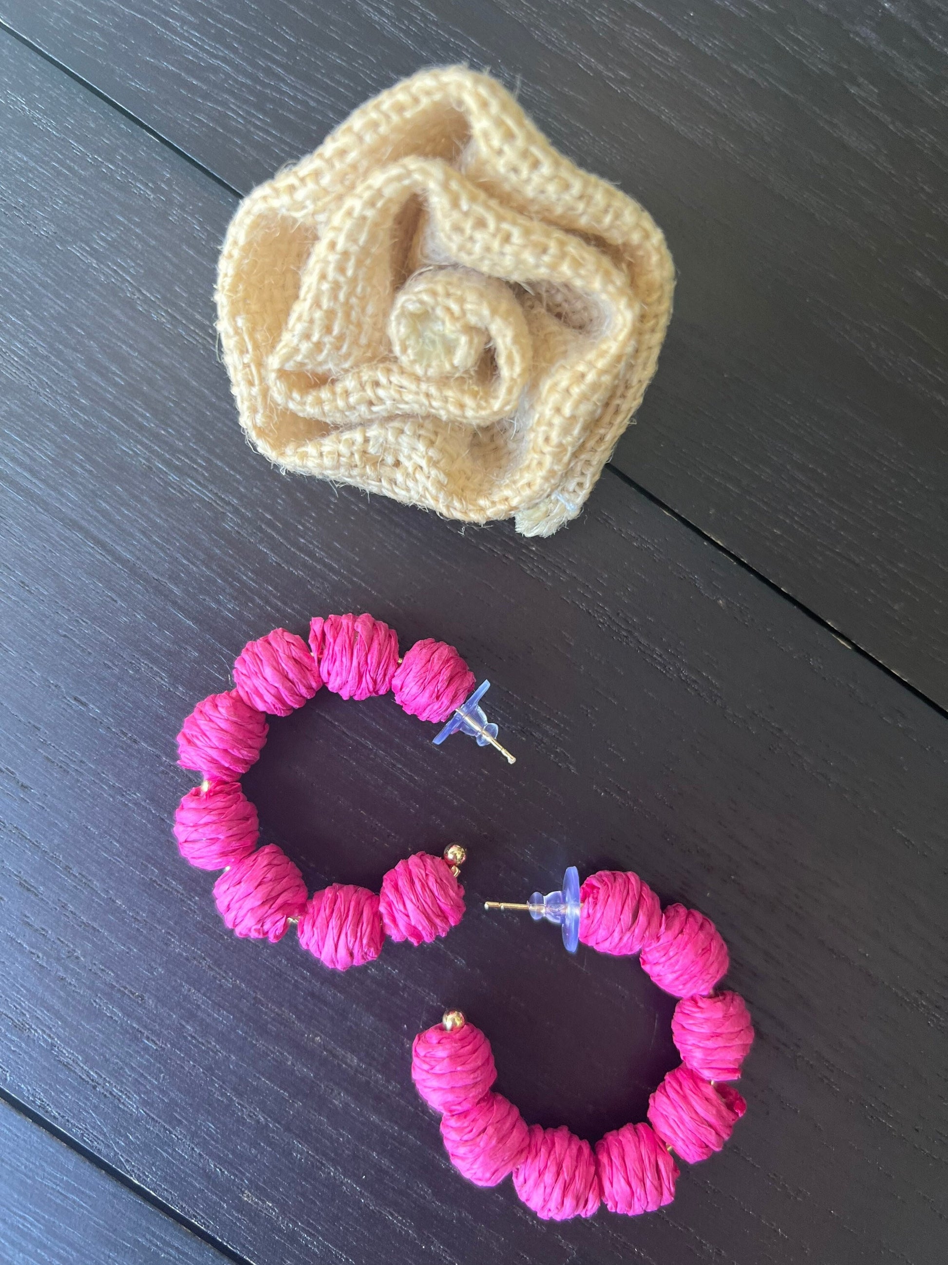 Pink hoop earrings Statement rafia earrings Anniversary gift for wife Artsy gifts Fall fashion Wearable art Cruise wear Beach outfit