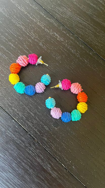 Rainbow hoop earrings Statement rafia earrings Wearable art Beach trendy style Fall fashion 2025s Pride jewelry Multi color earrings