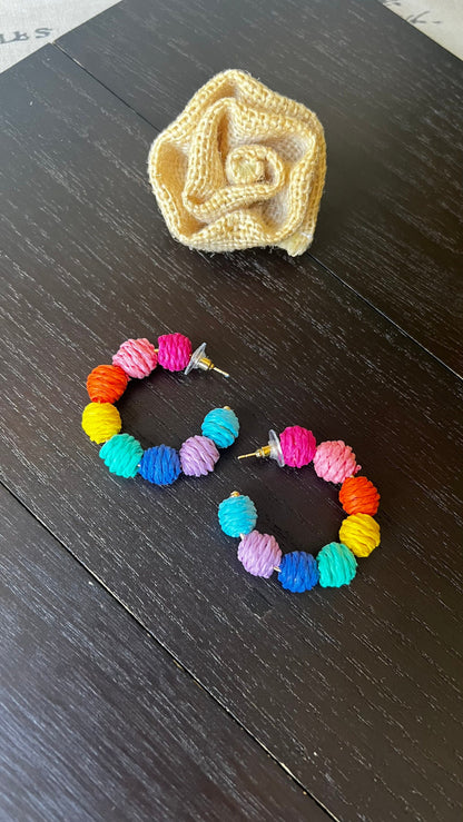 Rainbow hoop earrings Statement rafia earrings Wearable art Beach trendy style Fall fashion 2025s Pride jewelry Multi color earrings