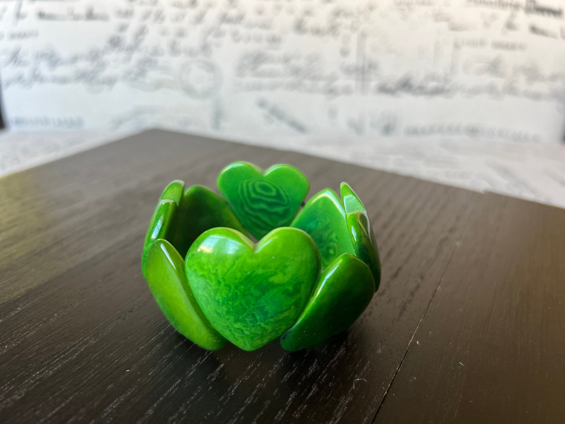 Green heart shaped beads bracelet Tagua jewelry Fall fashion Love bangle Wearable art Elastic stretch bracelet