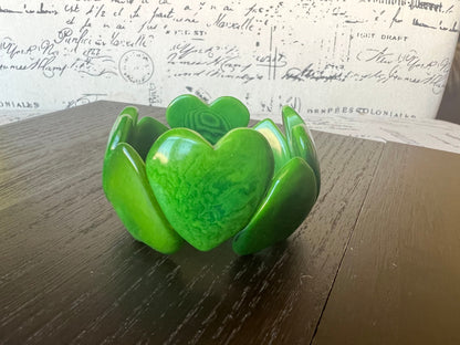 Green heart shaped beads bracelet Tagua jewelry Fall fashion Love bangle Wearable art Elastic stretch bracelet