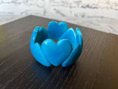 Turquoise blue heart bracelet Tagua jewelry Love bangle Wearable art Statement bracelets chunky Elastic stretch cuff bracelet Gift ideas