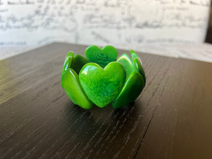 Green heart shaped beads bracelet Tagua jewelry Fall fashion Love bangle Wearable art Elastic stretch bracelet