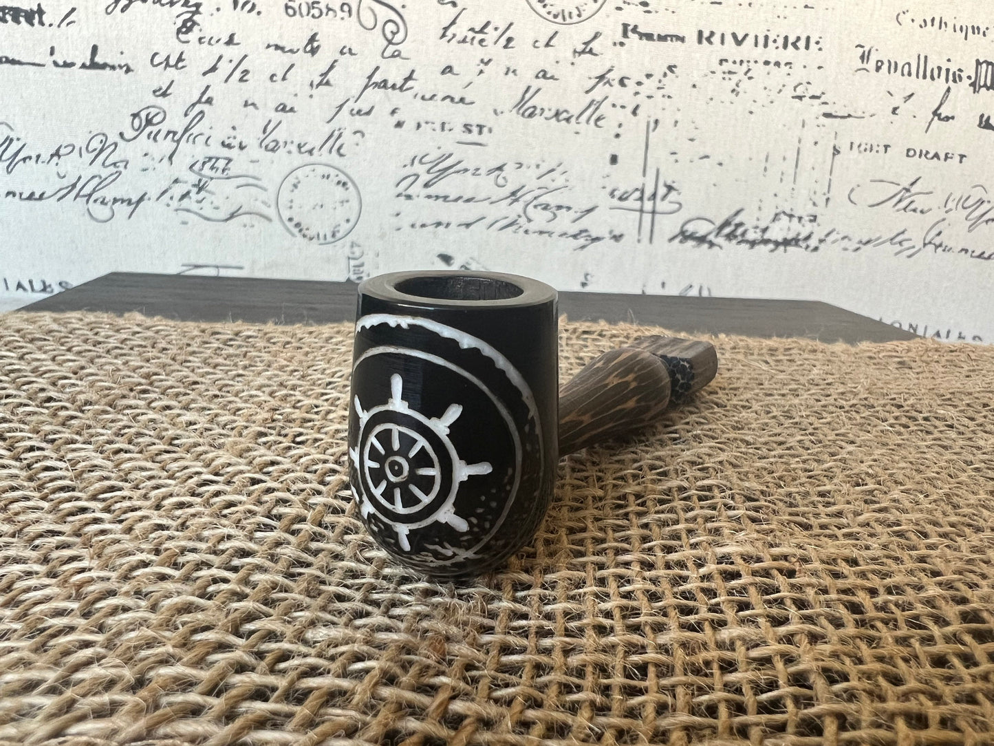 Ship wheel smoking pipe Handcrafted smoking bowl Handmade tagua nut and wood One of a kind tribal hand pipe Ceremonial ritual Marines gifts