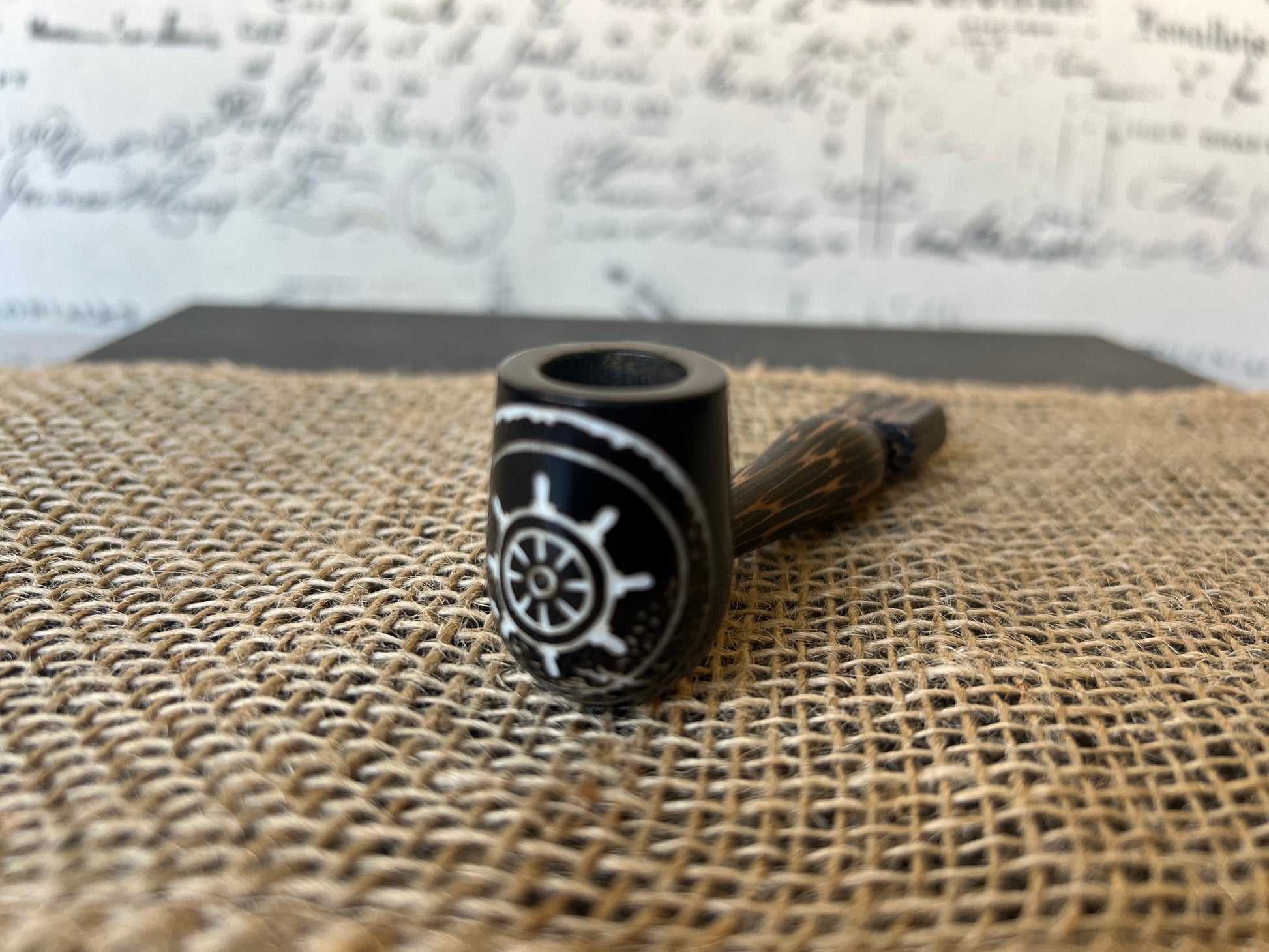 Ship wheel smoking pipe Handcrafted smoking bowl Handmade tagua nut and wood One of a kind tribal hand pipe Ceremonial ritual Marines gifts