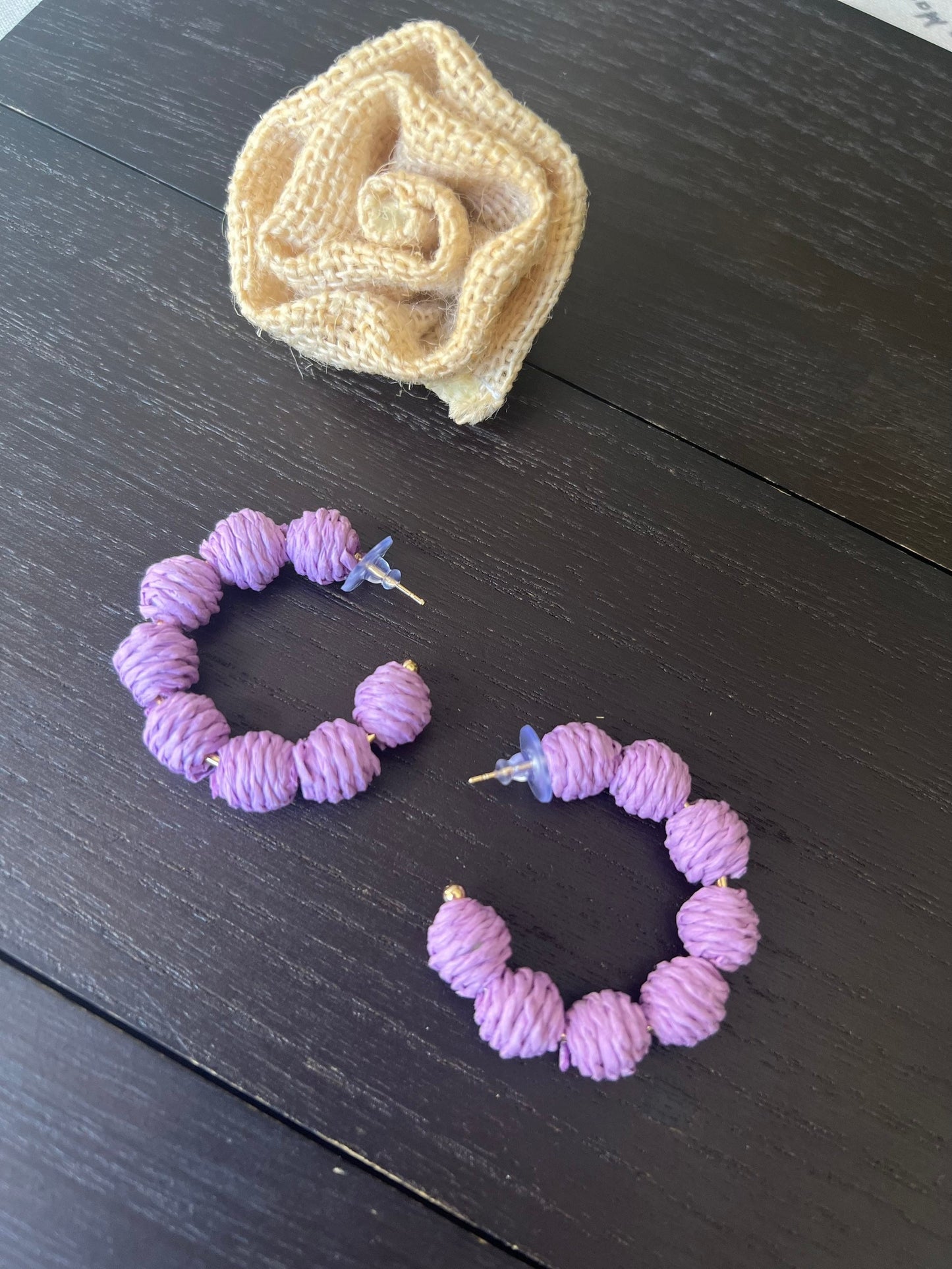 Lavender hoop earrings Statement rafia earrings Fall fashion Wearable art Artsy gifts One of a kind earrings Cruise wear Hypoallergenic