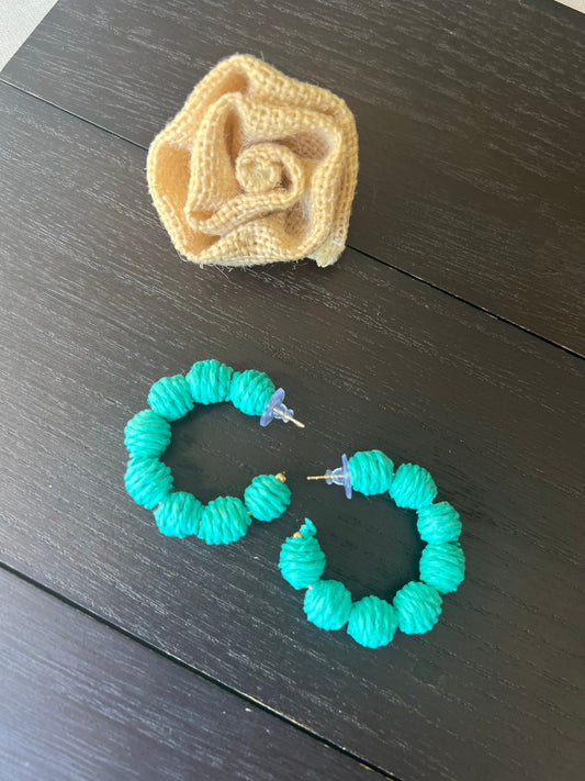 Turquoise green hoop earrings Statement rafia earrings Fall fashion 2025s Wearable art Artsy gifts Lightweight earrings One of a kind