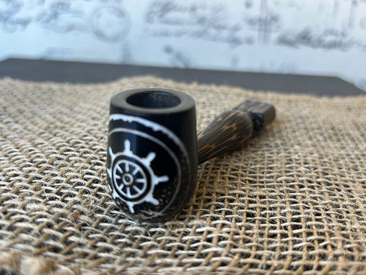 Ship wheel smoking pipe Handcrafted smoking bowl Handmade tagua nut and wood One of a kind tribal hand pipe Ceremonial ritual Marines gifts