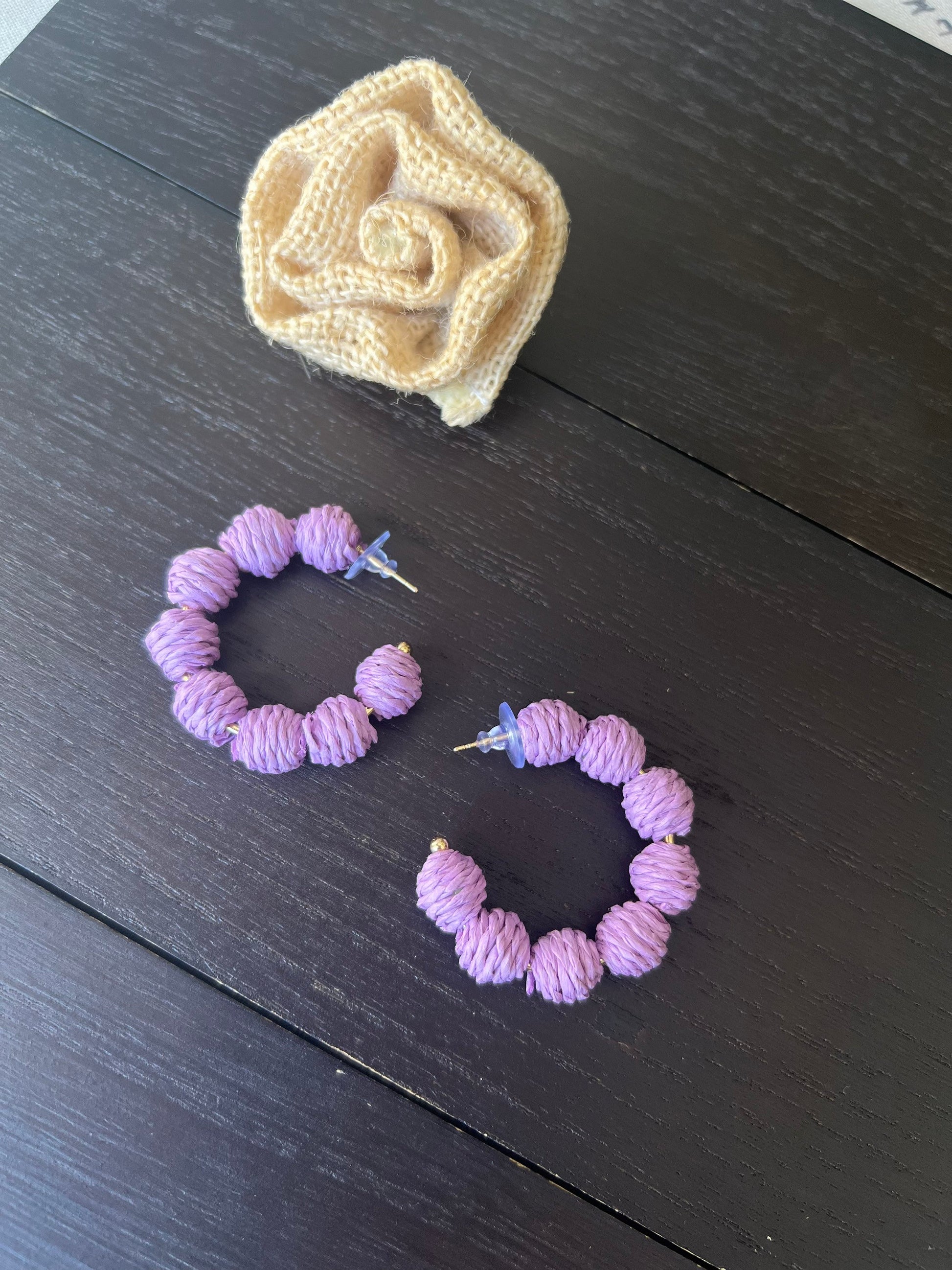 Lavender hoop earrings Statement rafia earrings Fall fashion Wearable art Artsy gifts One of a kind earrings Cruise wear Hypoallergenic