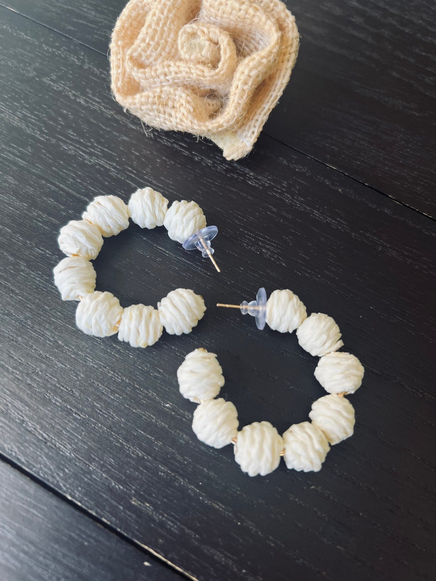 Ivory white hoop earrings Statement rafia earrings Artsy gifts Fall trend 4 year wedding anniversary gifts for wife Wearable art