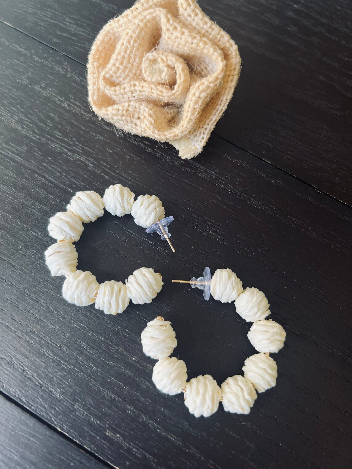Ivory white hoop earrings Statement rafia earrings Anniversary gift for wife Fall trend Beach trendy style 14 year wedding anniversary gifts