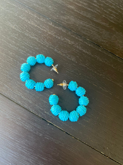 Turquoise blue hoop earrings Statement rafia earrings Fall fashion 2025s Everyday earrings Handmade big earrings Fall fashion 2025