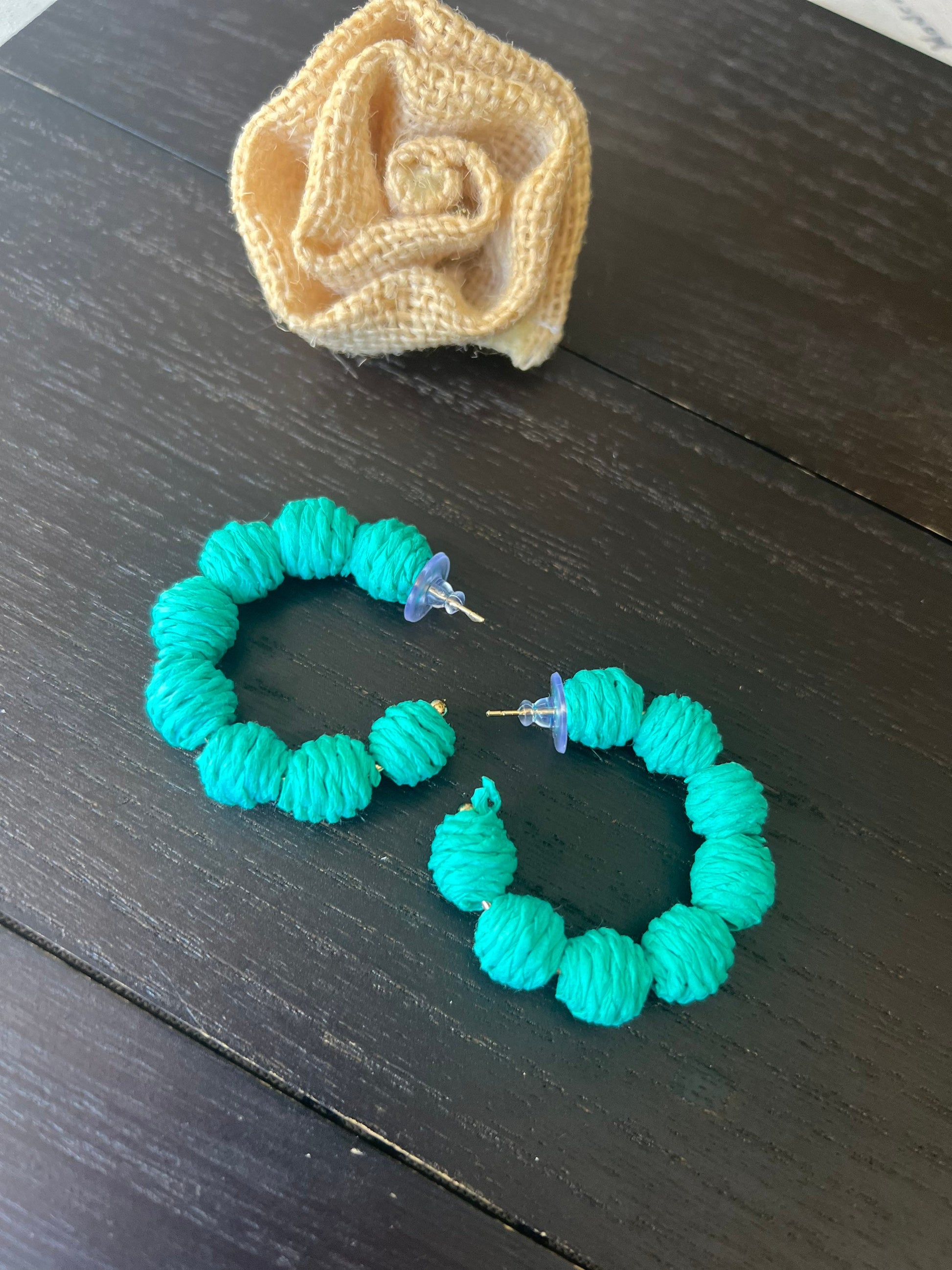 Turquoise green hoop earrings Statement rafia earrings Fall fashion 2025s Wearable art Artsy gifts Lightweight earrings One of a kind