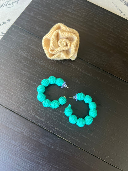 Turquoise green hoop earrings Statement rafia earrings Fall fashion 2025s Wearable art Artsy gifts Lightweight earrings One of a kind