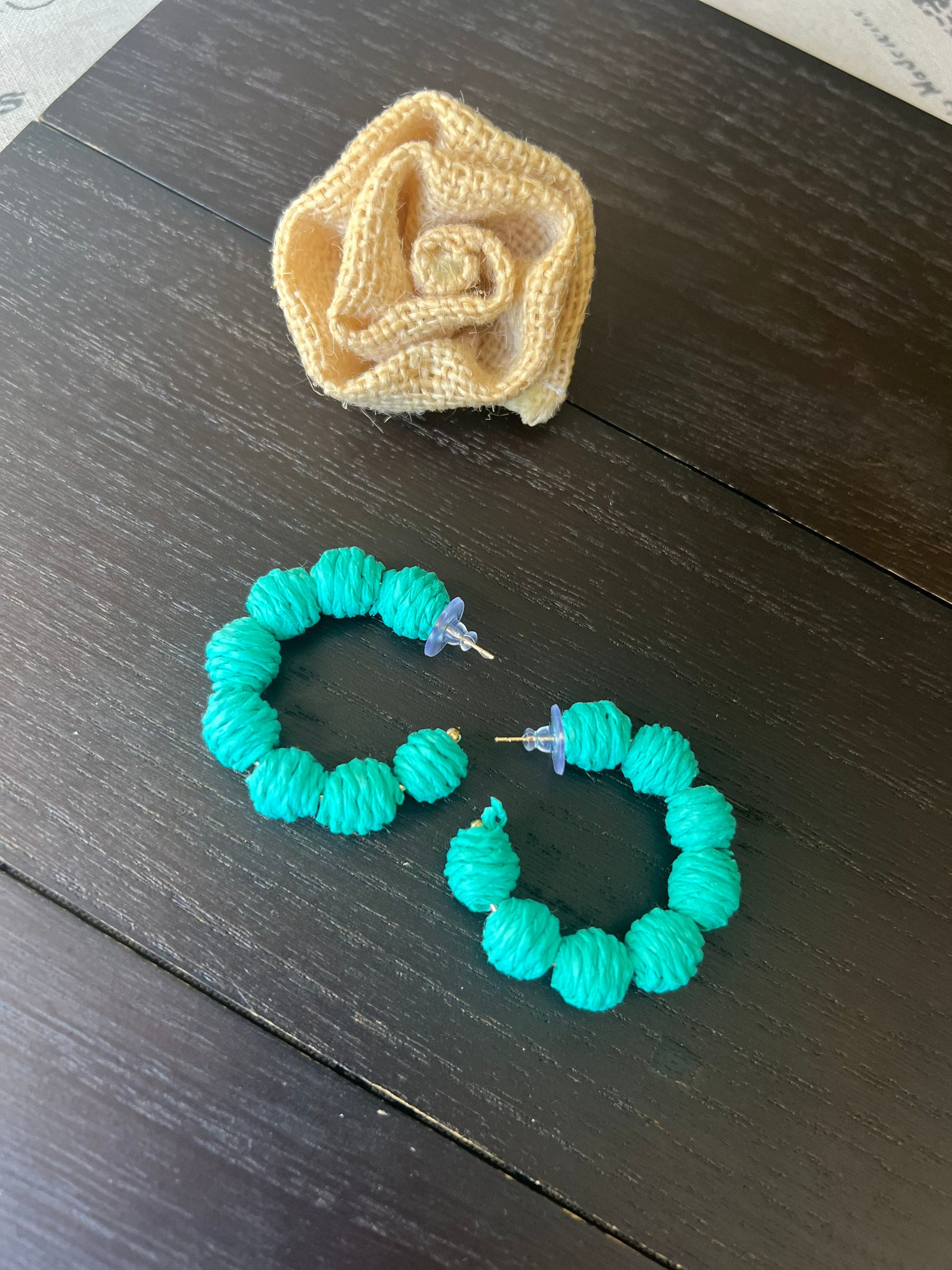 Turquoise green hoop earrings Statement rafia earrings Fall fashion 2025s Wearable art Artsy gifts Lightweight earrings One of a kind