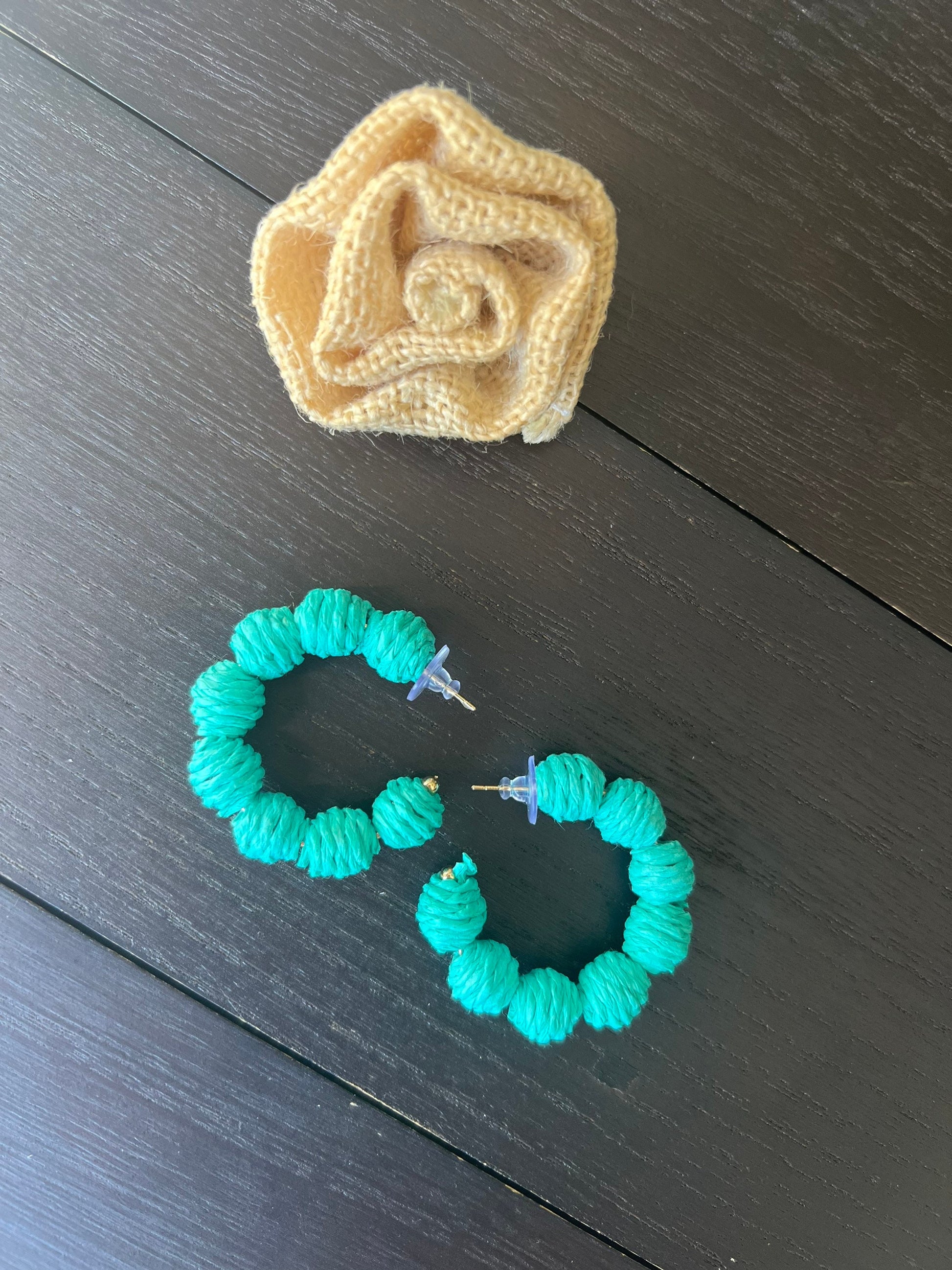 Turquoise green hoop earrings Statement rafia earrings Fall fashion 2025s Wearable art Artsy gifts Lightweight earrings One of a kind