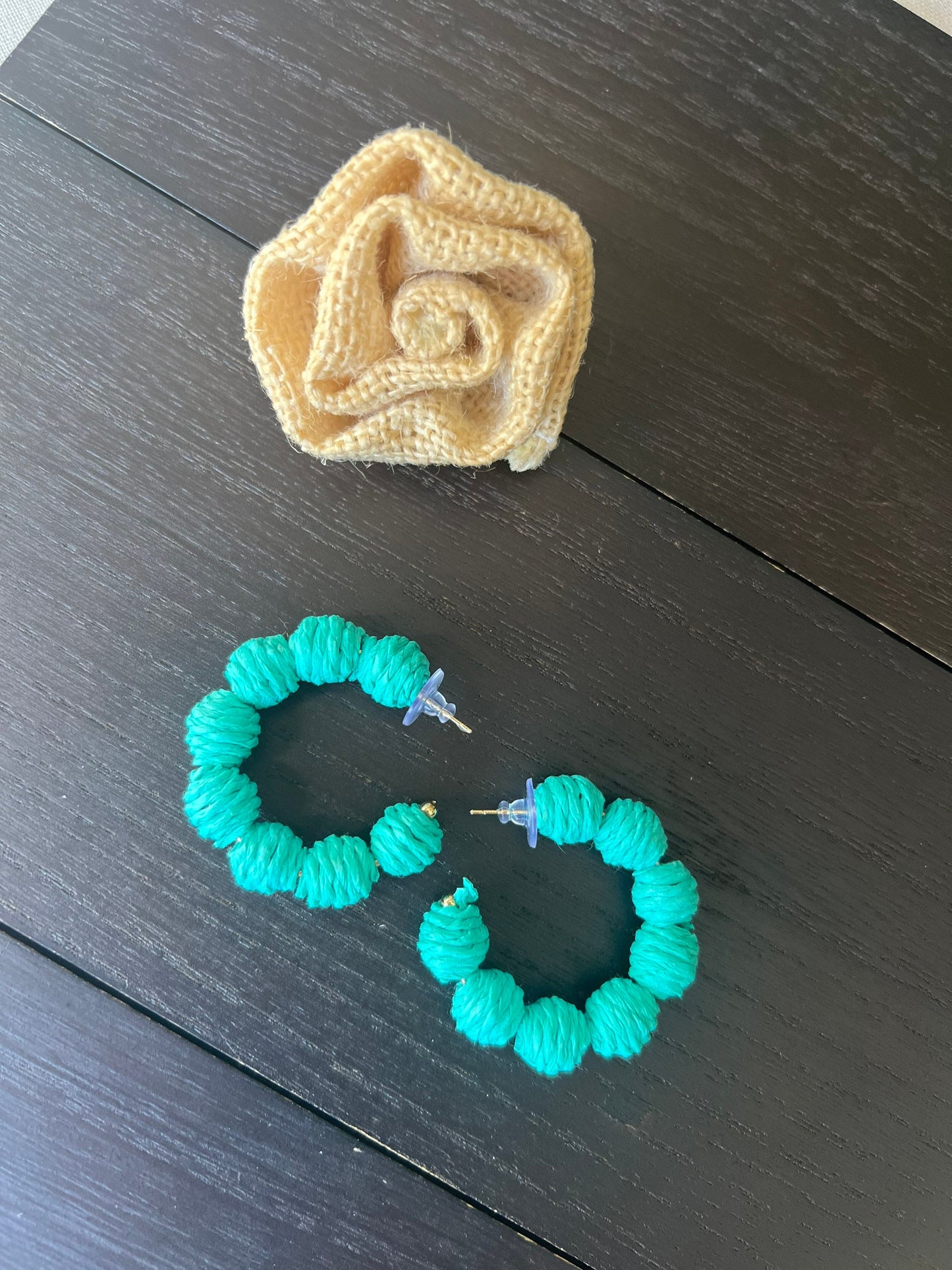 Turquoise green hoop earrings Statement rafia earrings Fall fashion 2025s Wearable art Artsy gifts Lightweight earrings One of a kind