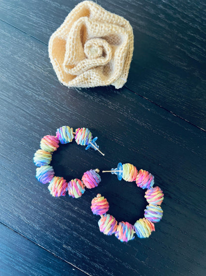 Rainbow hoop earrings Statement rafia earrings Fall fashion 2025s Wearable art Fall fashion Art to wear Big bold hoops Statement earrings