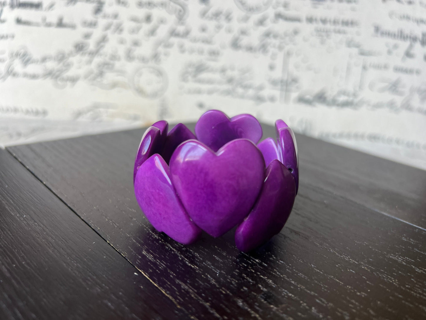 Purple heart shaped bracelet Tagua jewelry Love bangle Wearable art Elastic statement cuff