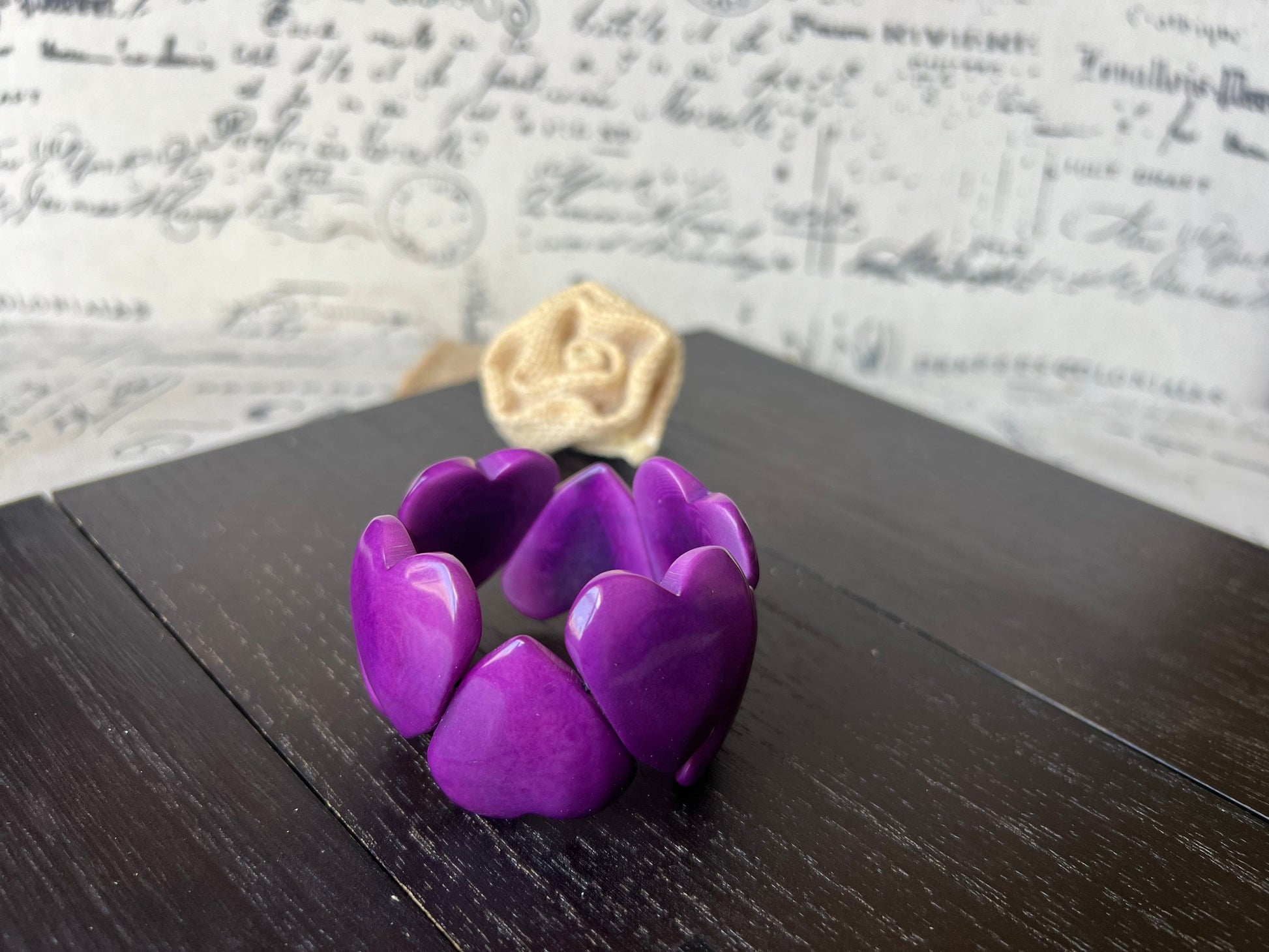Purple heart shaped bracelet Tagua jewelry Love bangle Wearable art Elastic statement cuff