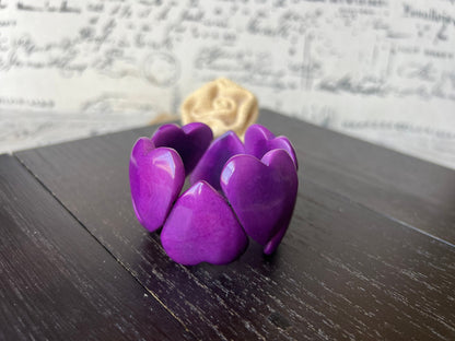 Purple heart shaped bracelet Tagua jewelry Love bangle Wearable art Elastic statement cuff