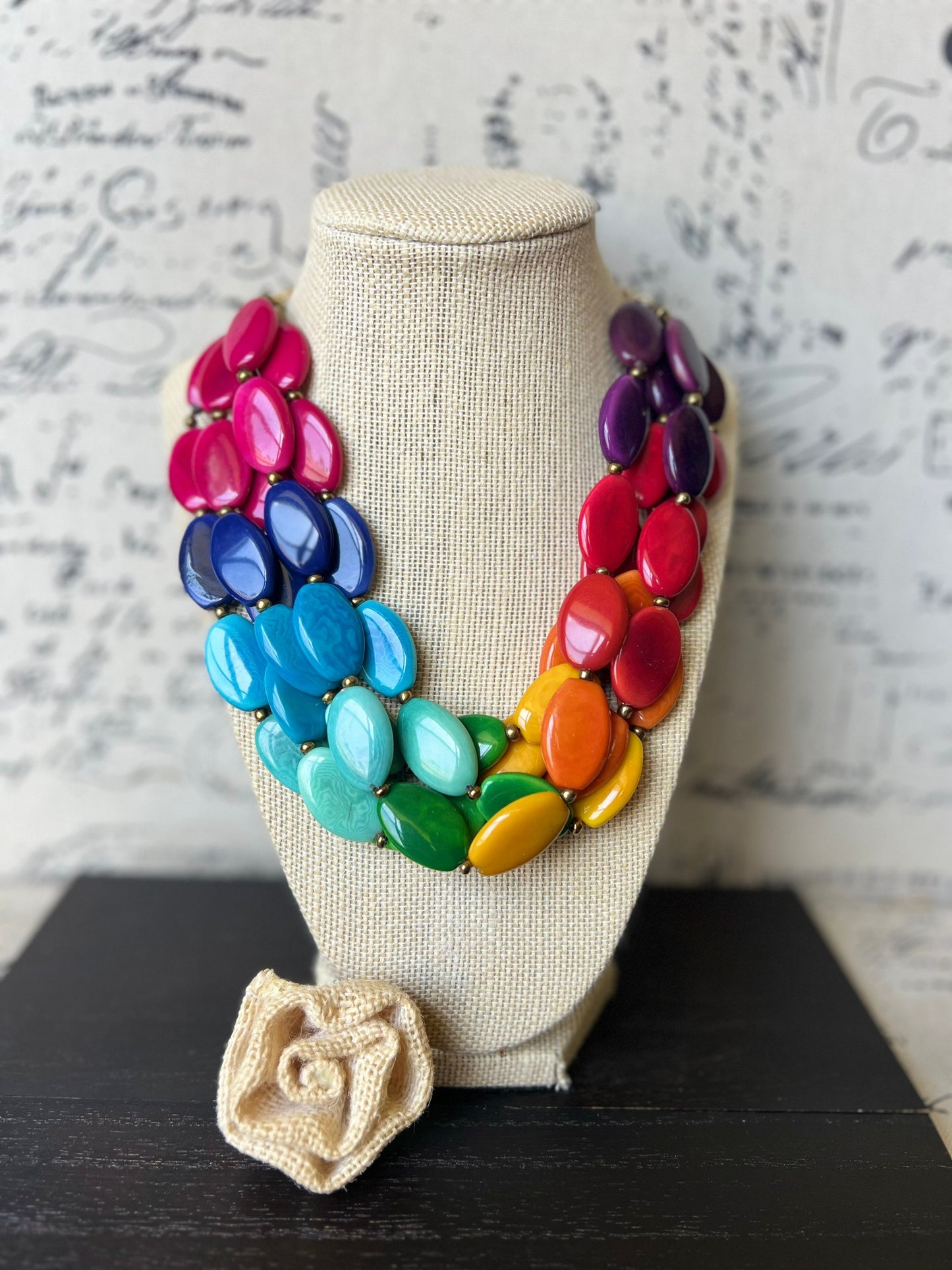 Rainbow fashion multi strand necklace Big Bold Chunky necklace Tagua nut necklace Fall fashion Lightweight with gold chain Art to wear