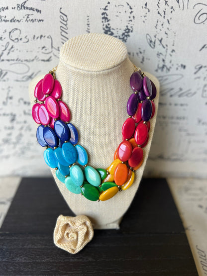 Rainbow fashion multi strand necklace Big Bold Chunky necklace Tagua nut necklace Fall fashion Lightweight with gold chain Art to wear